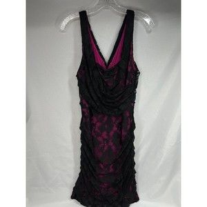 Express Sz 10 Pink & Black Mini Dress Club Evening Comfy Lace Ruched Body-con